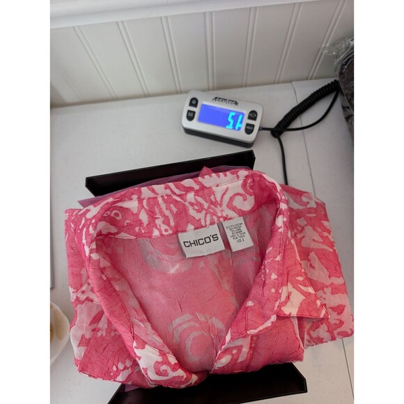 Chicos Top Pink Floral Button Drawstring Collared Long Sleeve Linen Blend Sz M - Picture 11 of 11